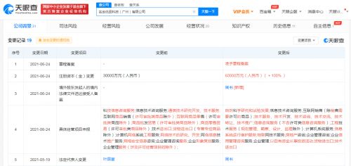 名創優品科技公司注冊資本增至6億元，經營范圍拓展至自然科學與信息系統服務